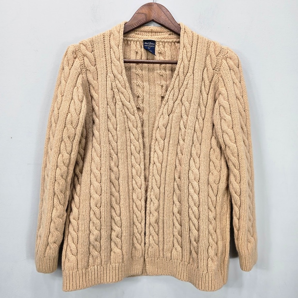 Vintage 80s Paul James Cable Knit Cardigan M Tan Open Front 100% Wool England UK